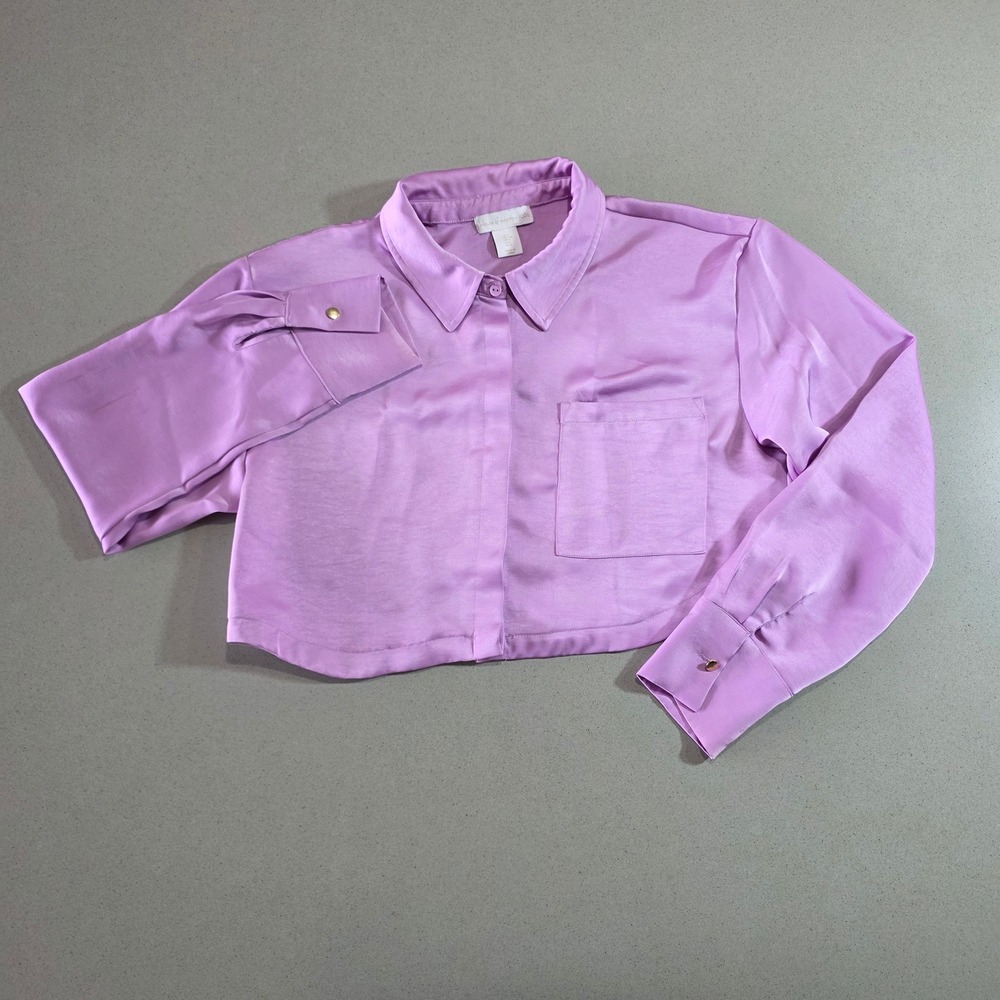 House of Harlow 1960 Lilac Purple Satin Cropped Button Down Shirt Large Gold